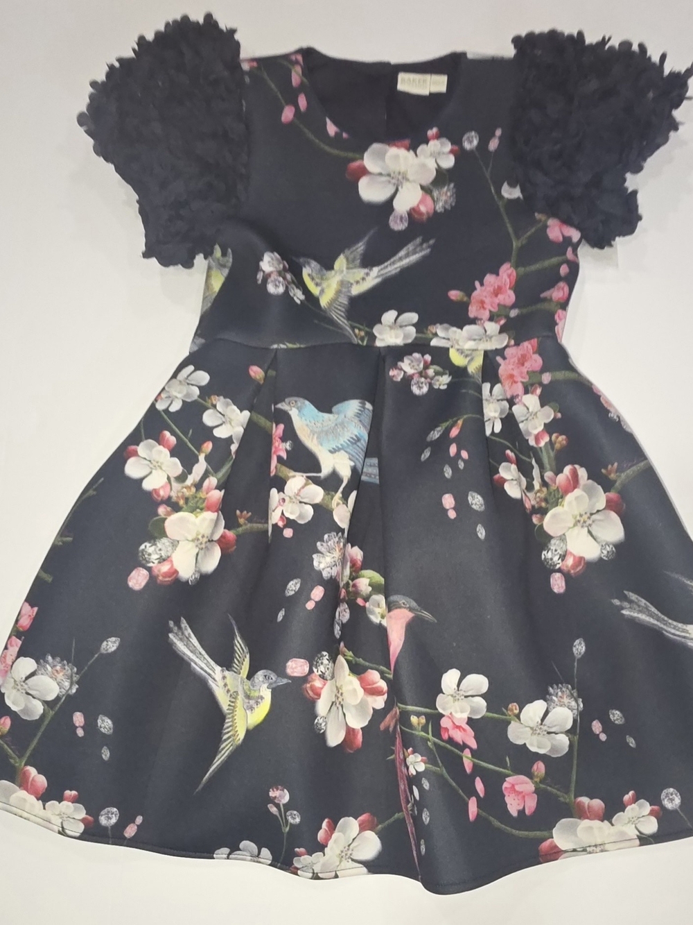 Ted Baker Navy Floral & Bird Print Dress with Textured Puff Sleeves